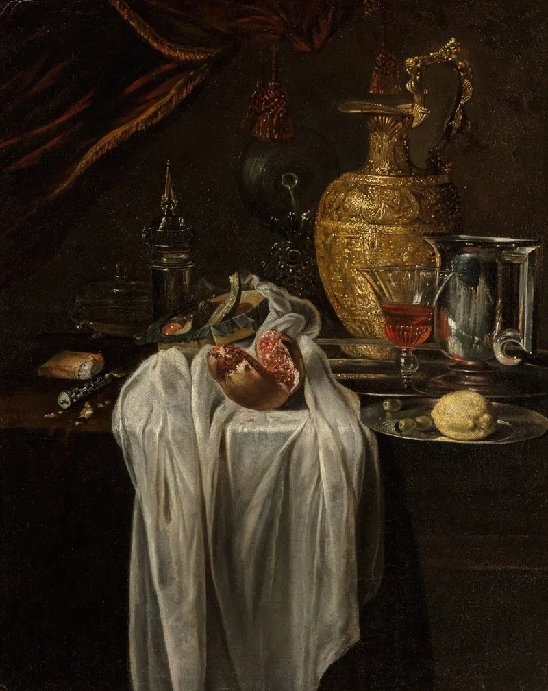 Still Life With Ewer Vessels Lemon Marzipan And Pomegranate Wall Art by Circle of Willem Kalf - High-Resolution Digital Print