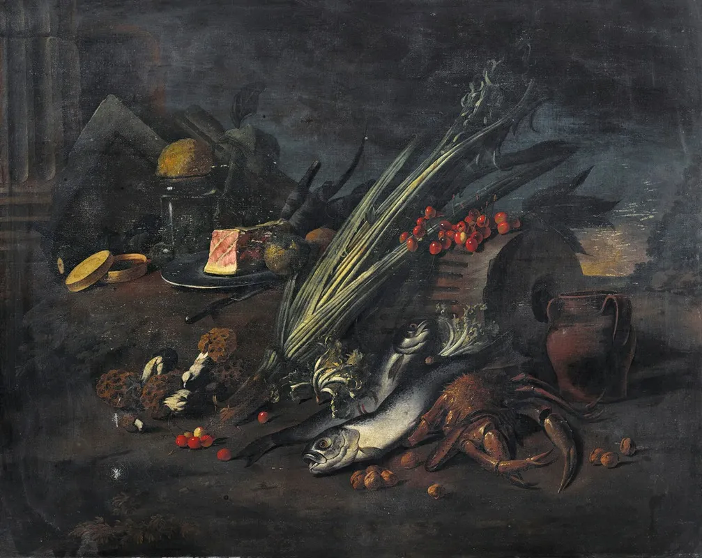 Still Life With Fish And Mushrooms Wall Art by Angelo Maria Rossi - High-Resolution Digital Print