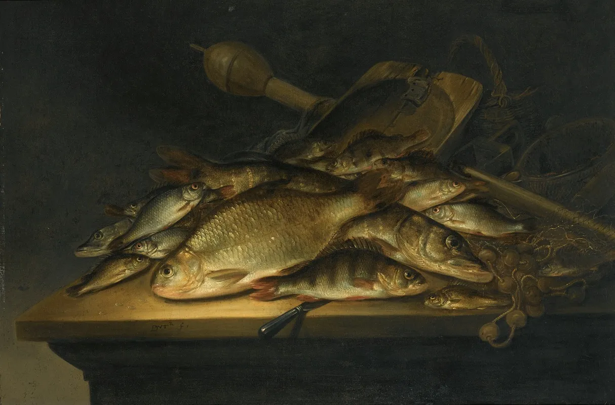 Still Life With Fish Nets Fishing Equipment And A Knife On A Table Wall Art by Pieter de Putter - High-Resolution Digital Print