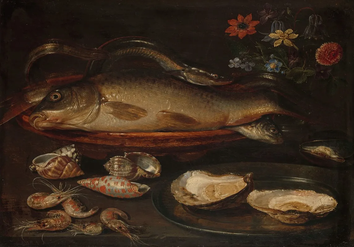 Still Life With Fish Sea Food And Flowers Wall Art by Clara Peeters - High-Resolution Digital Print
