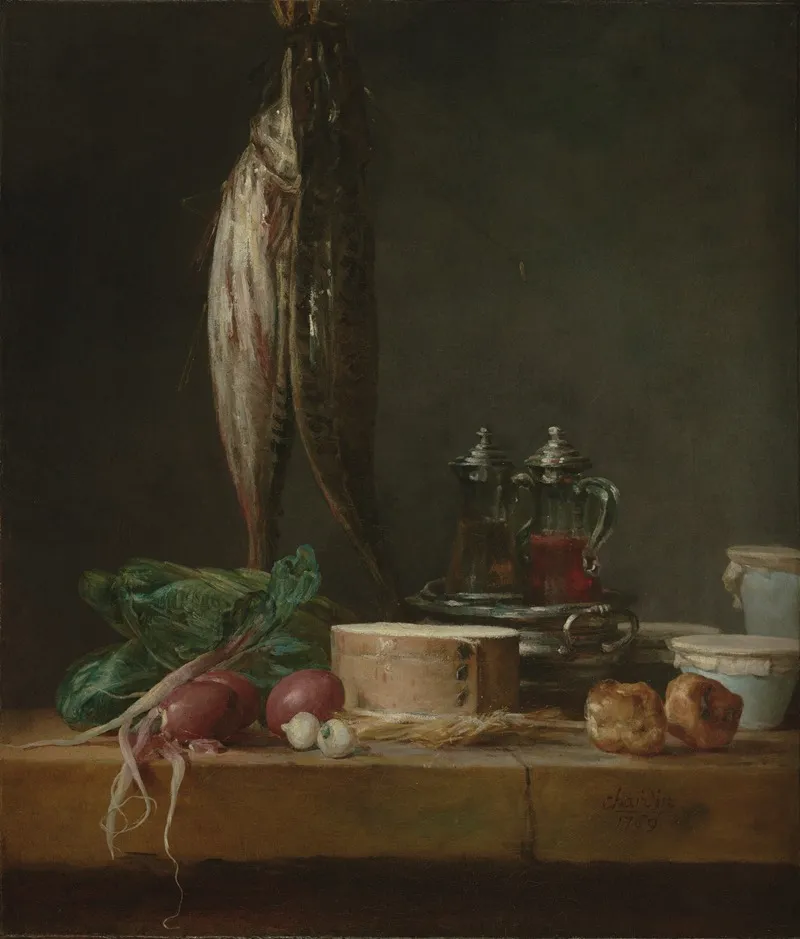 Still Life With Fish Vegetables Gougeres Pots And Cruets On A Table Wall Art by Jean Siméon Chardin - High-Resolution Digital Print