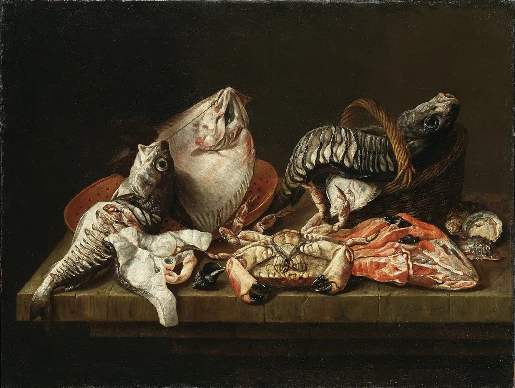 Still Life With Fishes A Crab And Oysters Wall Art by Isaac van Duynen - High-Resolution Digital Print