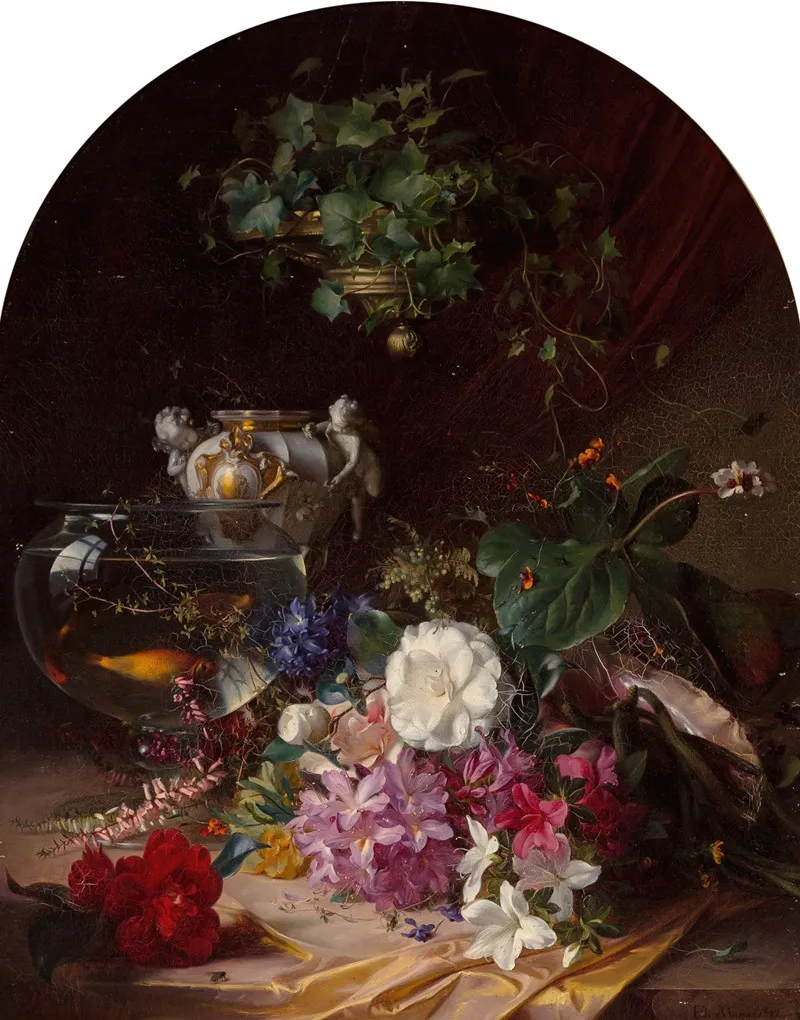 Still Life With Flowers A Porcelain Vase And A Goldfish Bowl Wall Art by Elise Puyroche-Wagner - High-Resolution Digital Print