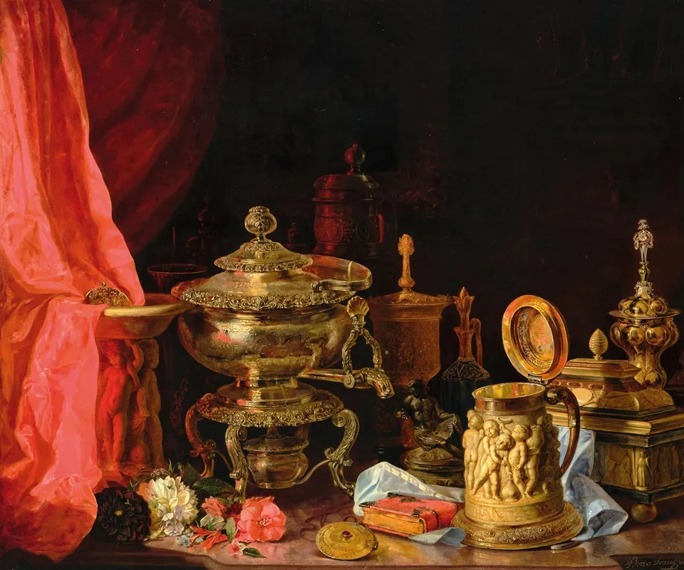 Still Life With Flowers A Tankard With Figural Decor And Samovar Wall Art by József Borsos - High-Resolution Digital Print