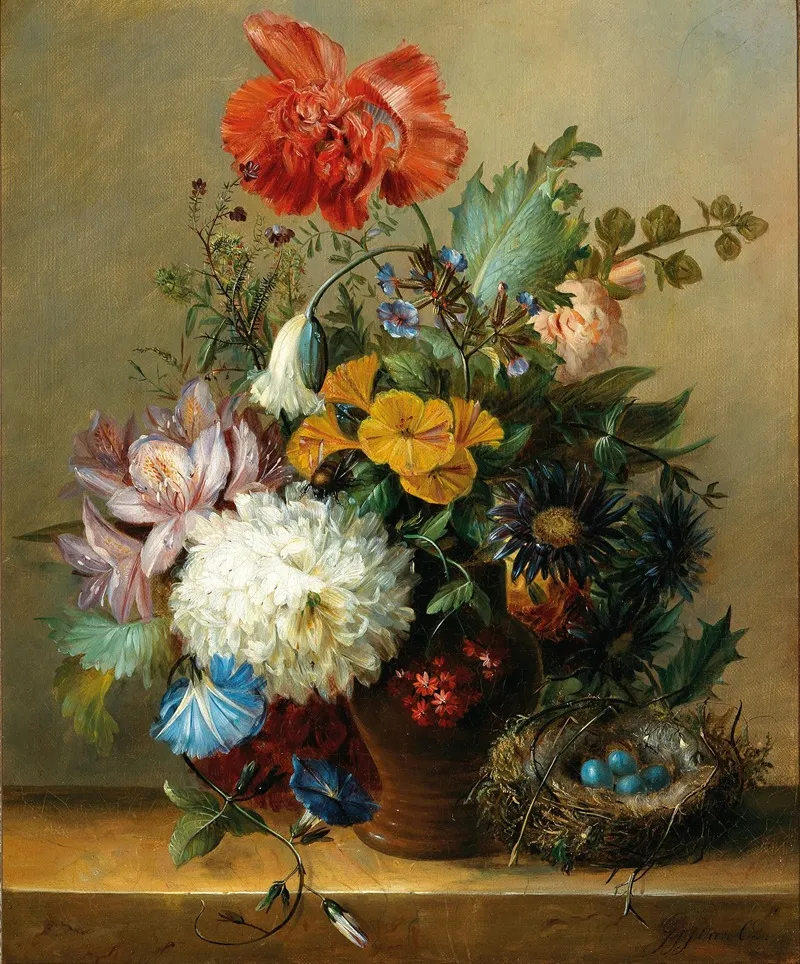 Still Life With Flowers And A Birds Nest Wall Art by Georgius Johannes Jacobus van Os - High-Resolution Digital Print