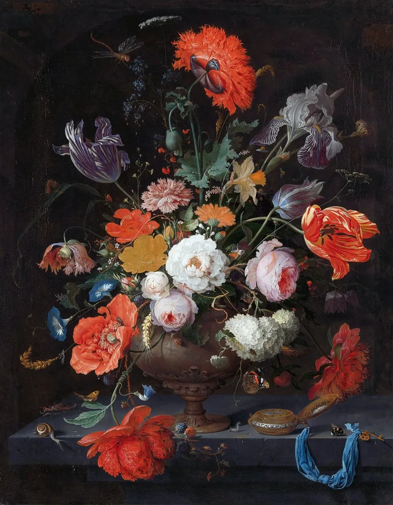 Still Life With Flowers And A Watch Wall Art by Abraham Mignon - High-Resolution Digital Print