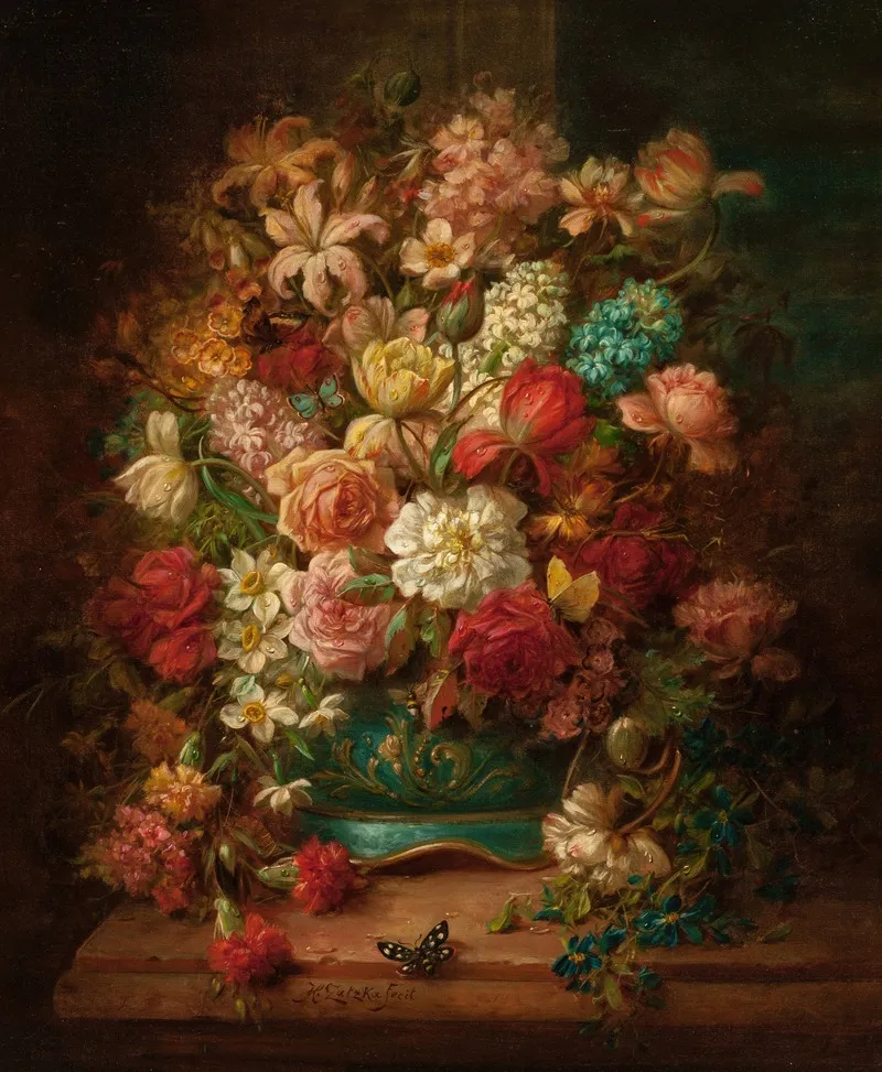 Still Life With Flowers And Butterflies Wall Art by Hans Zatzka - High-Resolution Digital Print