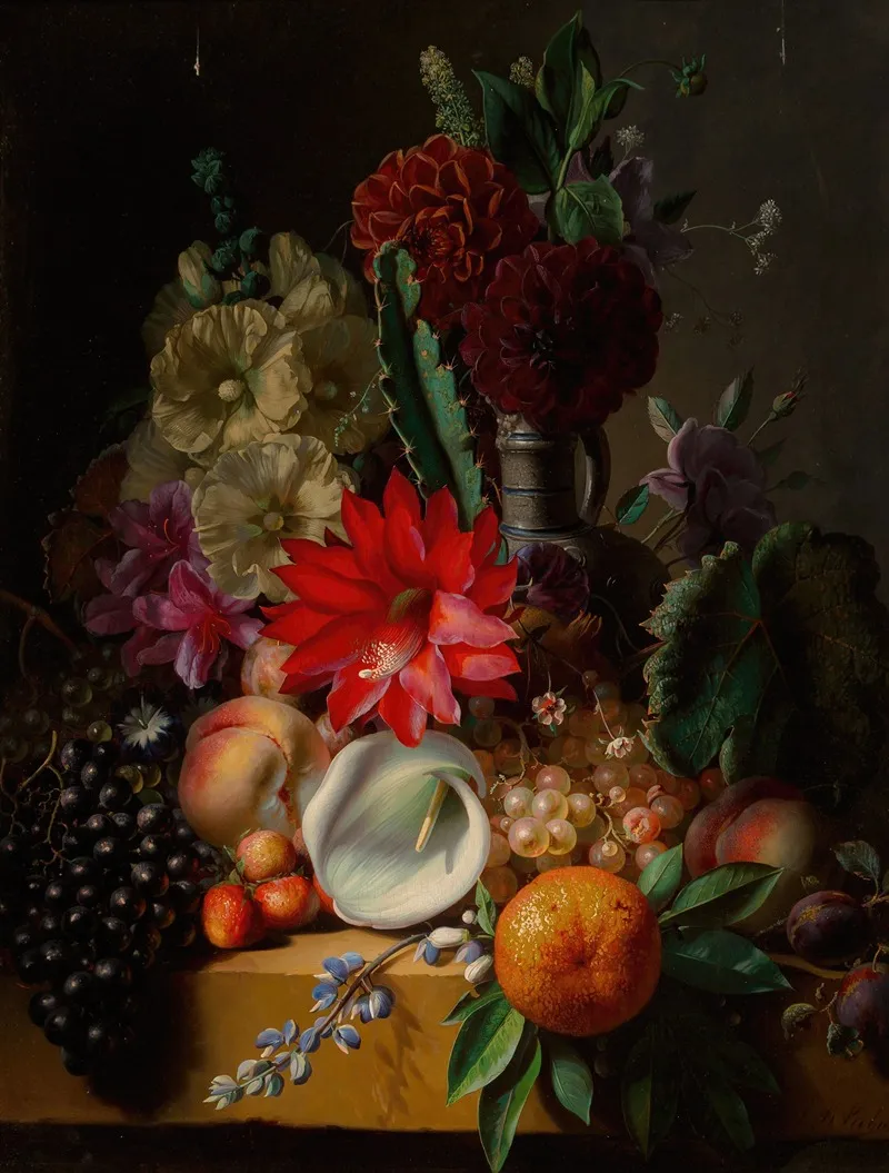 Still Life With Flowers And Fruit On A Ledge Wall Art by Jean-Baptiste Robie - High-Resolution Digital Print