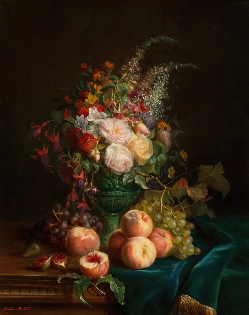 Still Life With Flowers And Peaches Wall Art by Aurelie Leontine Malbet - High-Resolution Digital Print