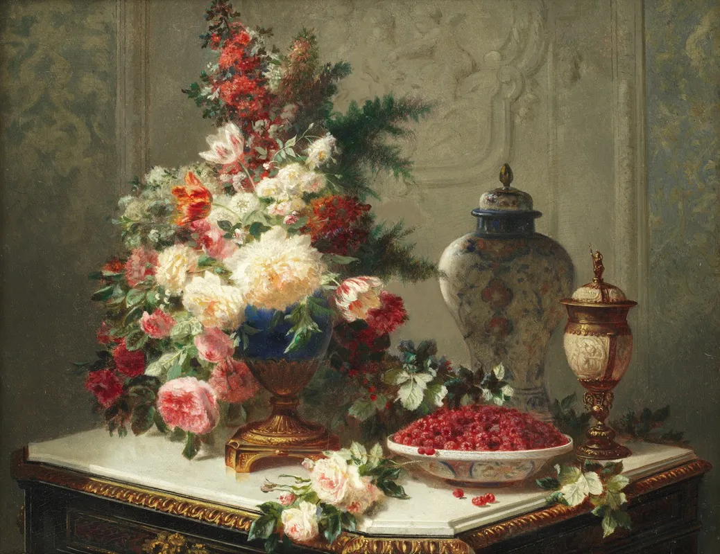 Still Life With Flowers And Raspberries Wall Art by Jean-Baptiste Robie - High-Resolution Digital Print