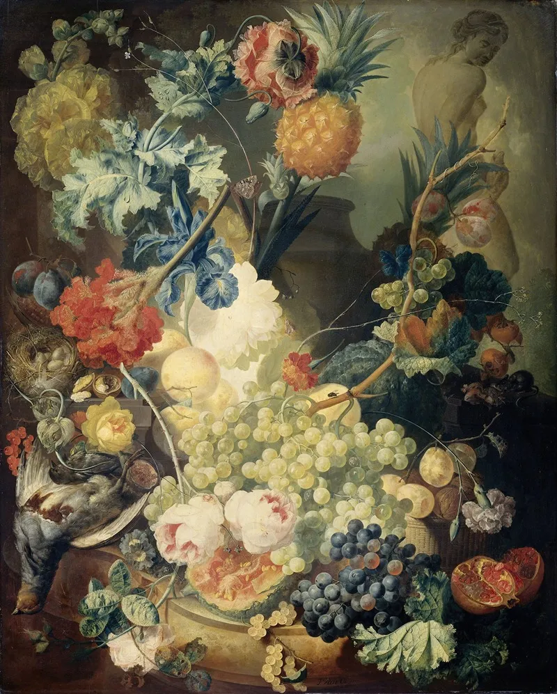 Still Life With Flowers Fruit And Birds Wall Art by Jan Van Os - High-Resolution Digital Print