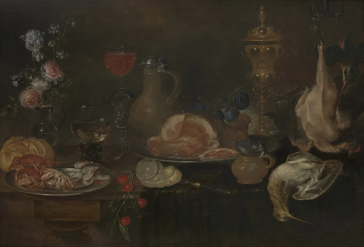 Still Life With Flowers Ham Game Shellfish And Fruit Wall Art by Alexander Adriaenssen - High-Resolution Digital Print
