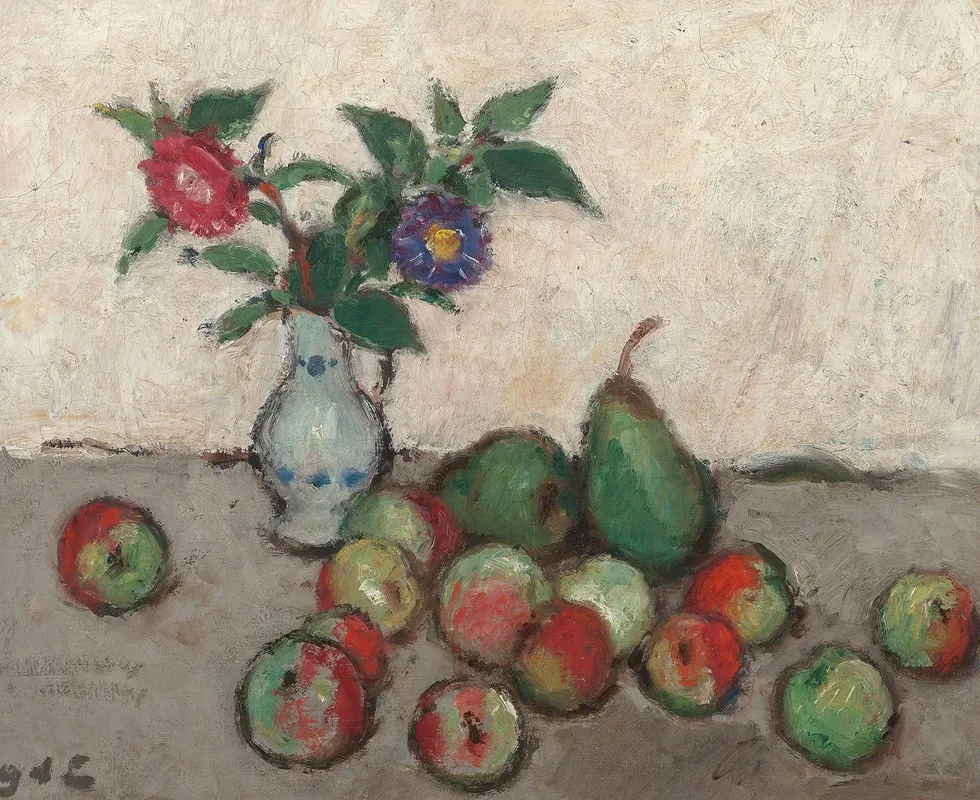 Still Life With Flowers In A Blue And White Vase With Apples And Pears On A Table Wall Art by Georges d'Espagnat - High-Resolution Digital Print