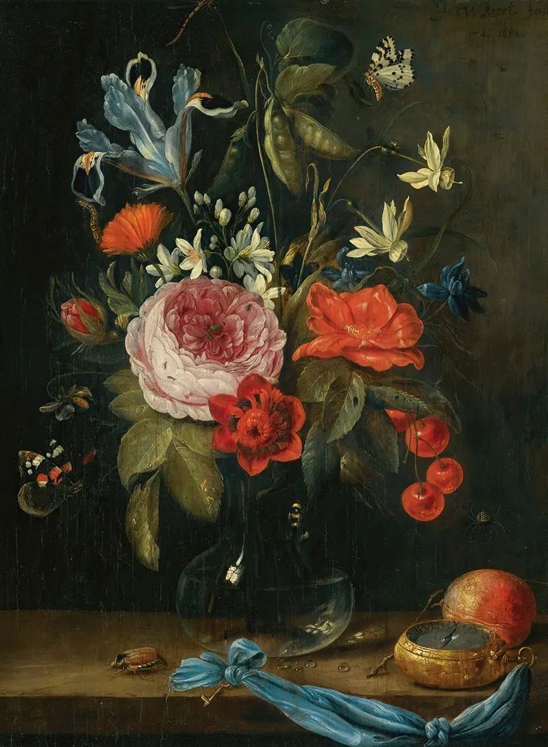 Still Life With Flowers In A Glass Vase Wall Art by Jan Van Kessel The Elder - High-Resolution Digital Print