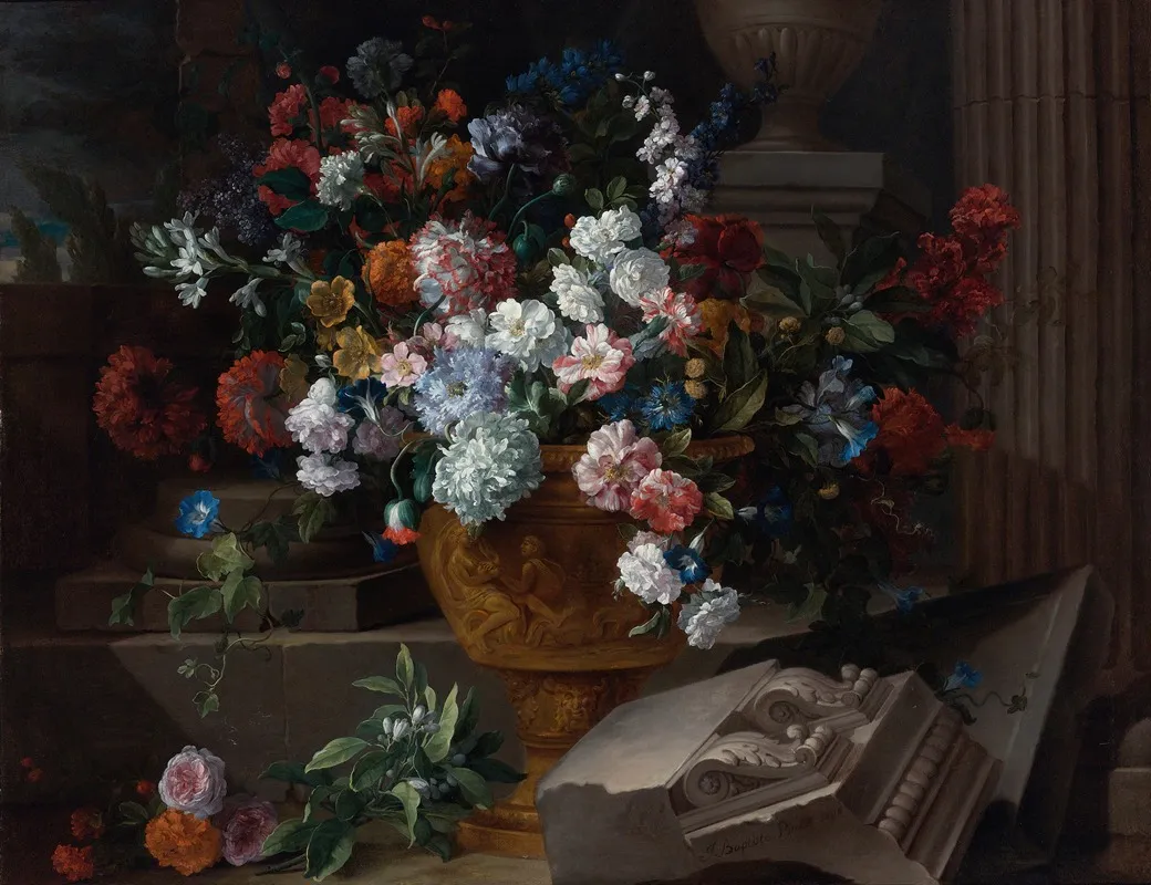 Still Life With Flowers In A Sculpted Urn With Architectural Fragments On A Terrace