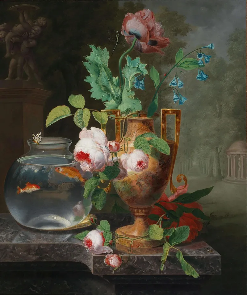Still Life With Flowers In A Vase And Goldfish Bowl Wall Art by Jean Baptiste Berré - High-Resolution Digital Print