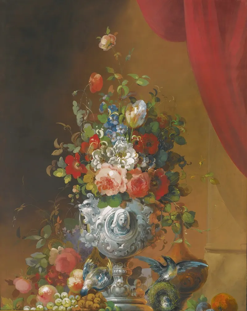 Still Life With Flowers In An Urn Birds And Fruit On A Ledge Below Wall Art by Follower of Anne Vallayer-Coster - High-Resolution Digital Print