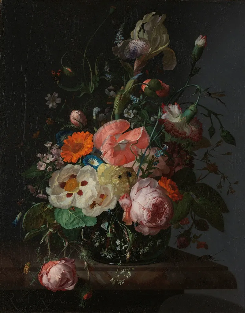 Still Life With Flowers On A Marble Tabletop Wall Art by Rachel Ruysch - High-Resolution Digital Print