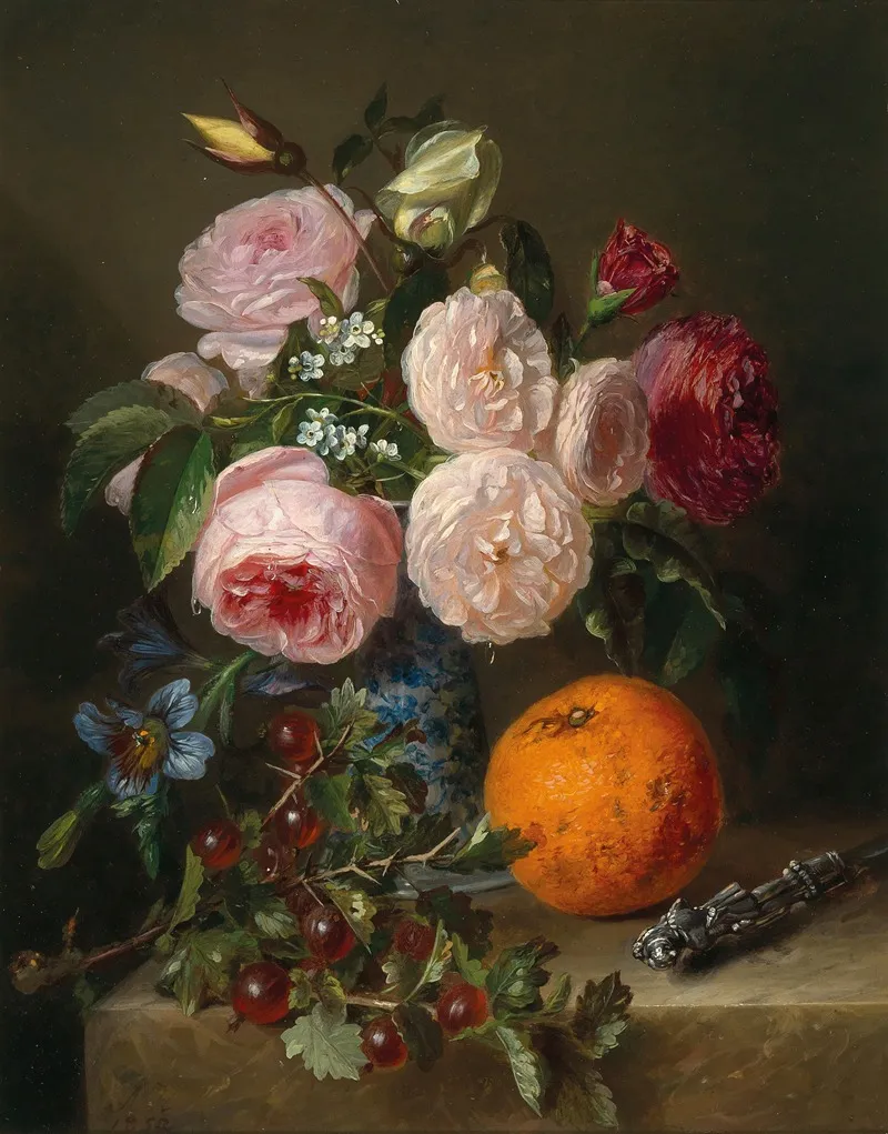 Still Life With Flowers Oranges Roses And Gooseberries Wall Art by Adriana Johanna Haanen - High-Resolution Digital Print