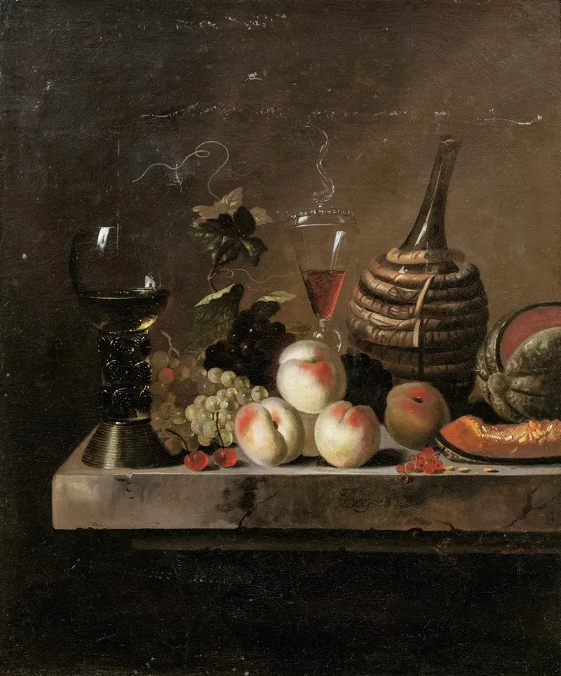 Still Life With Fruit A Wine Flask In A Basket And A Large Roemer Wall Art by Jakob Bogdány - High-Resolution Digital Print
