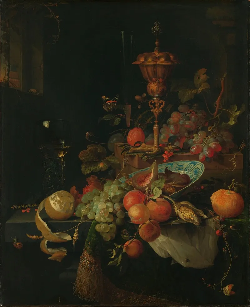 Still Life With Fruit And A Beaker On A Cocks Foot Wall Art by Abraham Mignon - High-Resolution Digital Print