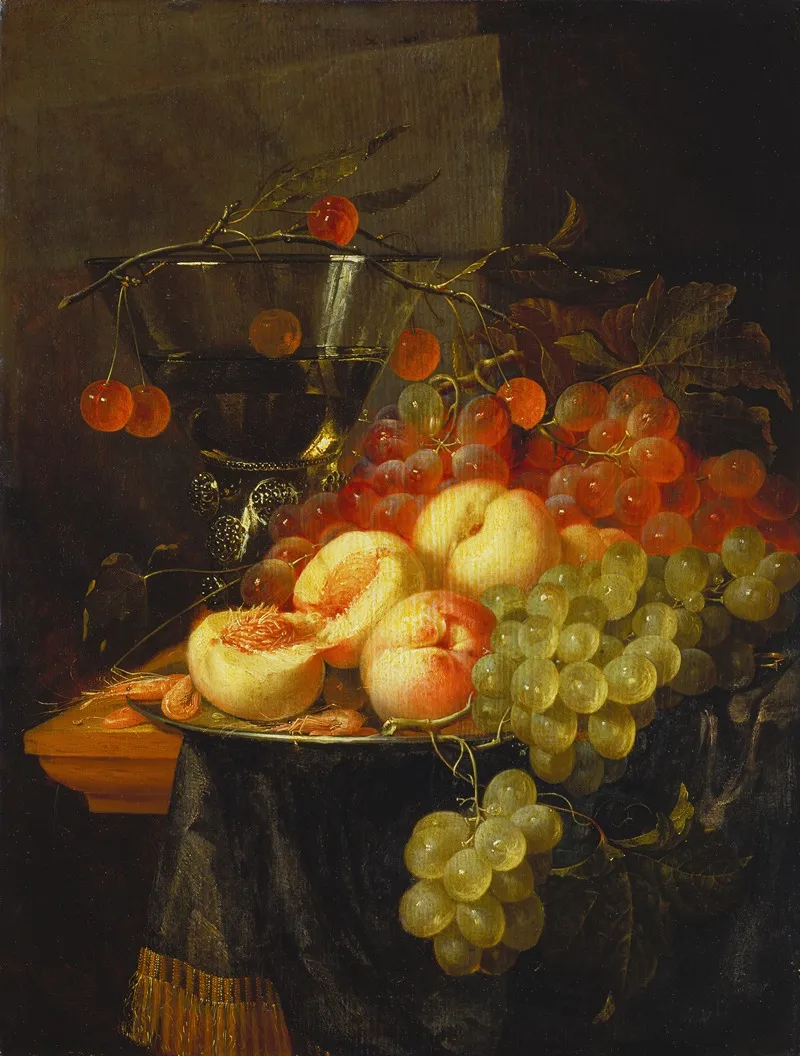 Still Life With Fruit And A Cherry Branch Over A Berkemeyer Glass Wall Art by Pieter de Ring - High-Resolution Digital Print