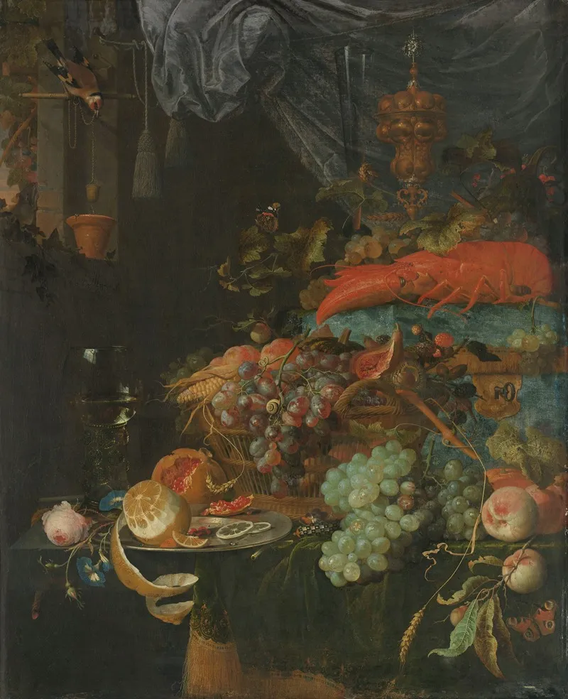 Still Life With Fruit And A Goldfinch Wall Art by Abraham Mignon - High-Resolution Digital Print