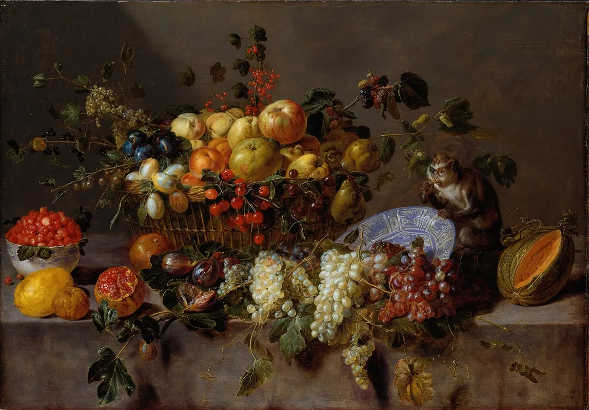 Still Life With Fruit And A Monkey Eating Grapes Wall Art by Adriaen van Utrecht - High-Resolution Digital Print