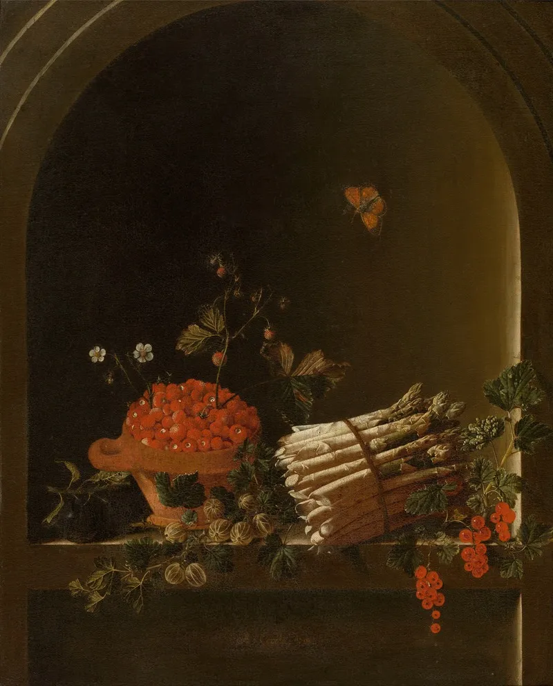 Still Life With Fruit And Asparagus Wall Art by Adriaen Coorte - High-Resolution Digital Print