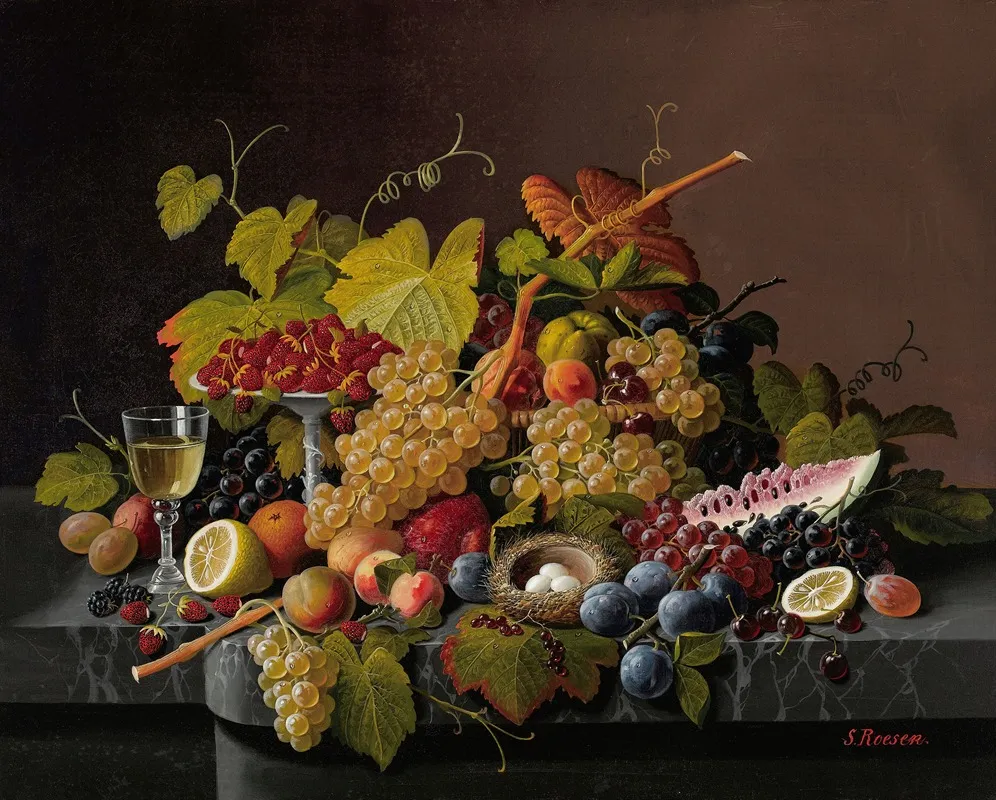 Still Life With Fruit And Birds Nest 2 Wall Art by Severin Roesen - High-Resolution Digital Print