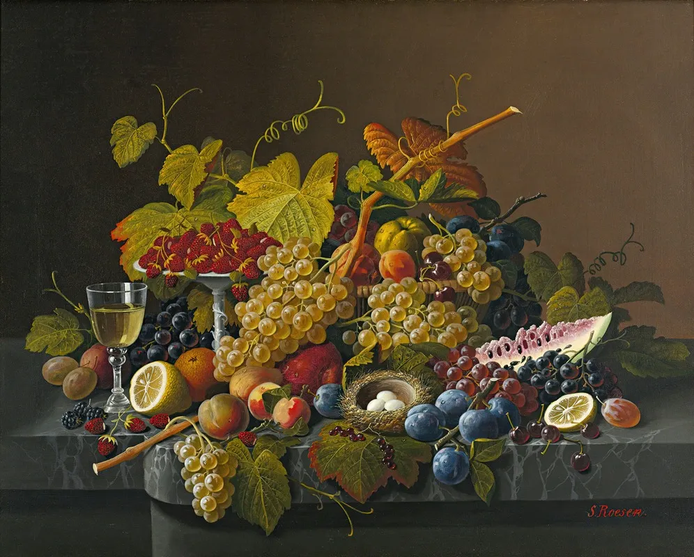 Still Life With Fruit And Birds Nest Wall Art by Severin Roesen - High-Resolution Digital Print
