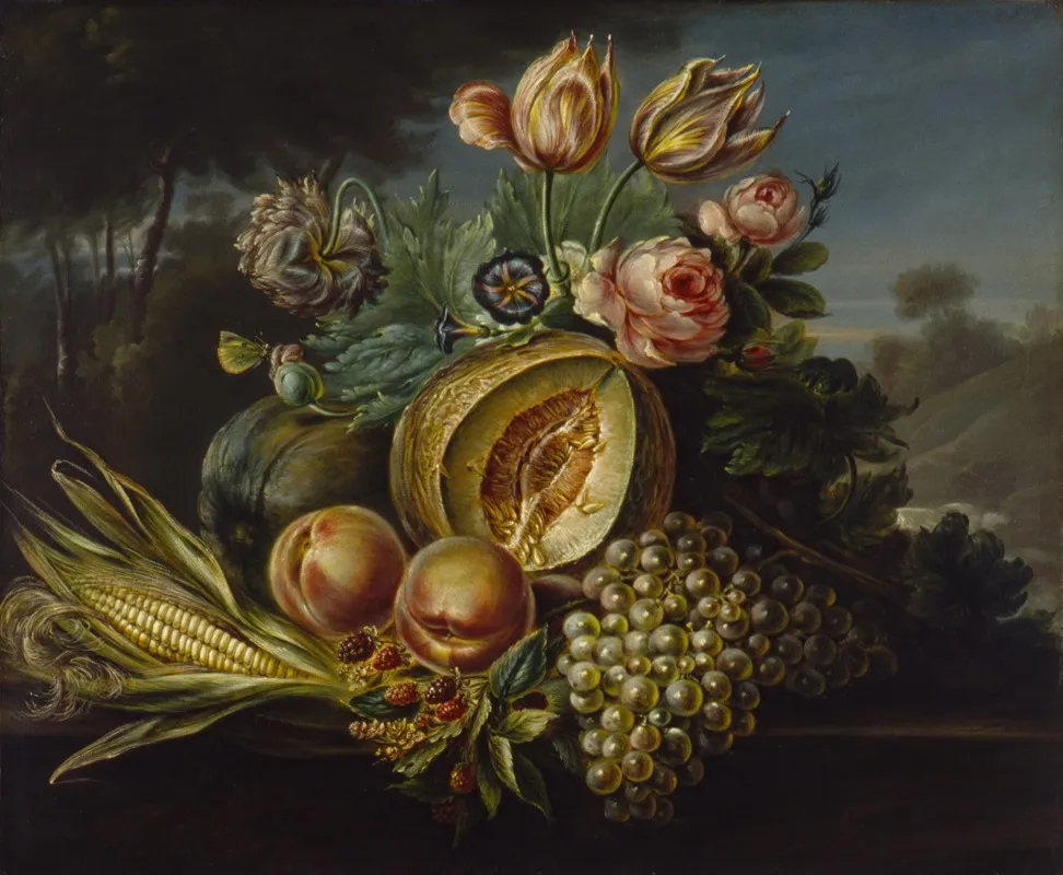 Still Life With Fruit And Flowers 4 Wall Art by Cornelius de Beet - High-Resolution Digital Print