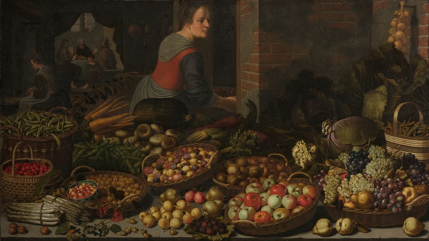 Still Life With Fruit And Vegetables With Christ At Emmaus In The Background Wall Art by Floris van Schooten - High-Resolution Digital Print