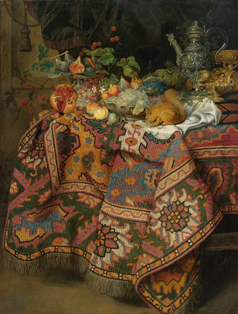 Still Life With Fruit Gold And Silver Vessels And A Squirrel All On A Table Covered By A Persian Rug Wall Art by Guiliam Gabron - High-Resolution Digital Print