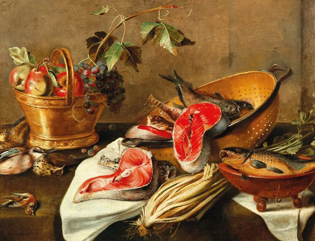 Still Life With Fruit In A Copper Vessel Fish And Game Wall Art by Circle of Frans Ykens - High-Resolution Digital Print