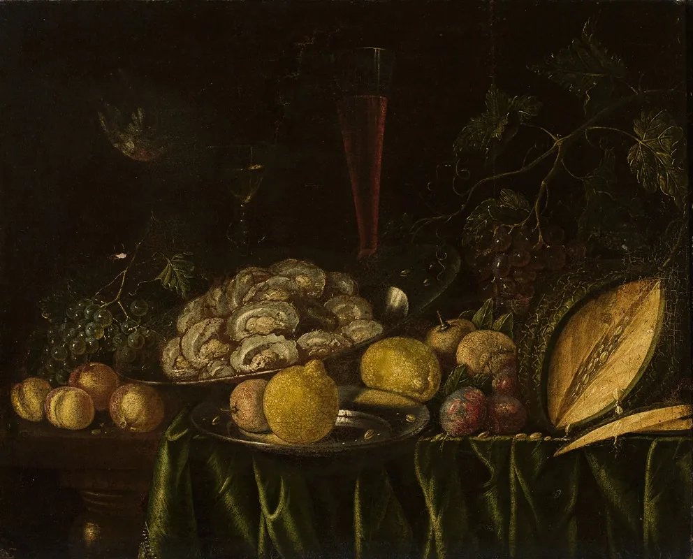 Still Life With Fruit Mussels And A Bird Wall Art by Cornelis de Bryer - High-Resolution Digital Print