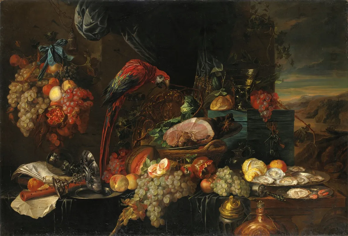 Still Life With Fruit Oysters And A Parrot Wall Art by Jan Davidsz de Heem - High-Resolution Digital Print