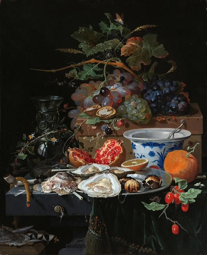 Still Life With Fruit Oysters And A Porcelain Bowl Wall Art by Abraham Mignon - High-Resolution Digital Print