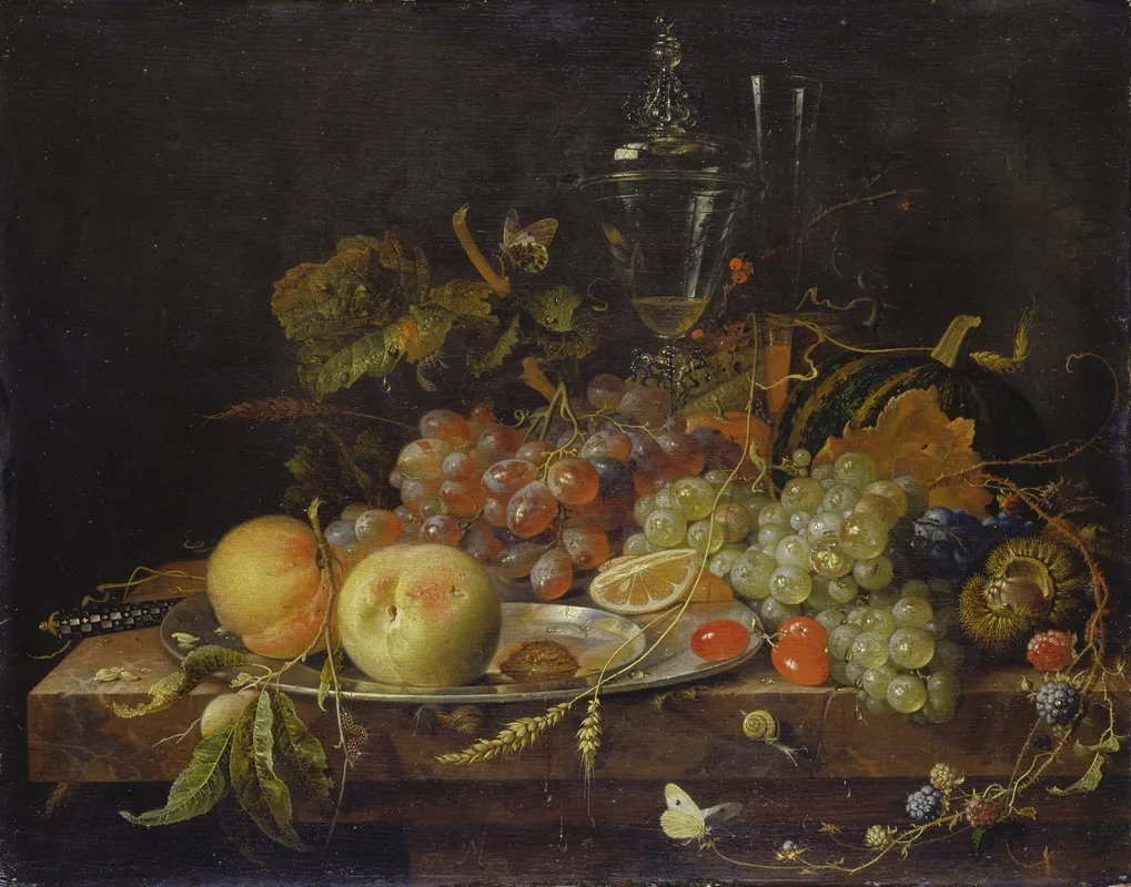 Still Life With Fruit Tin Plate And Wine Glasses Wall Art by Abraham Mignon - High-Resolution Digital Print