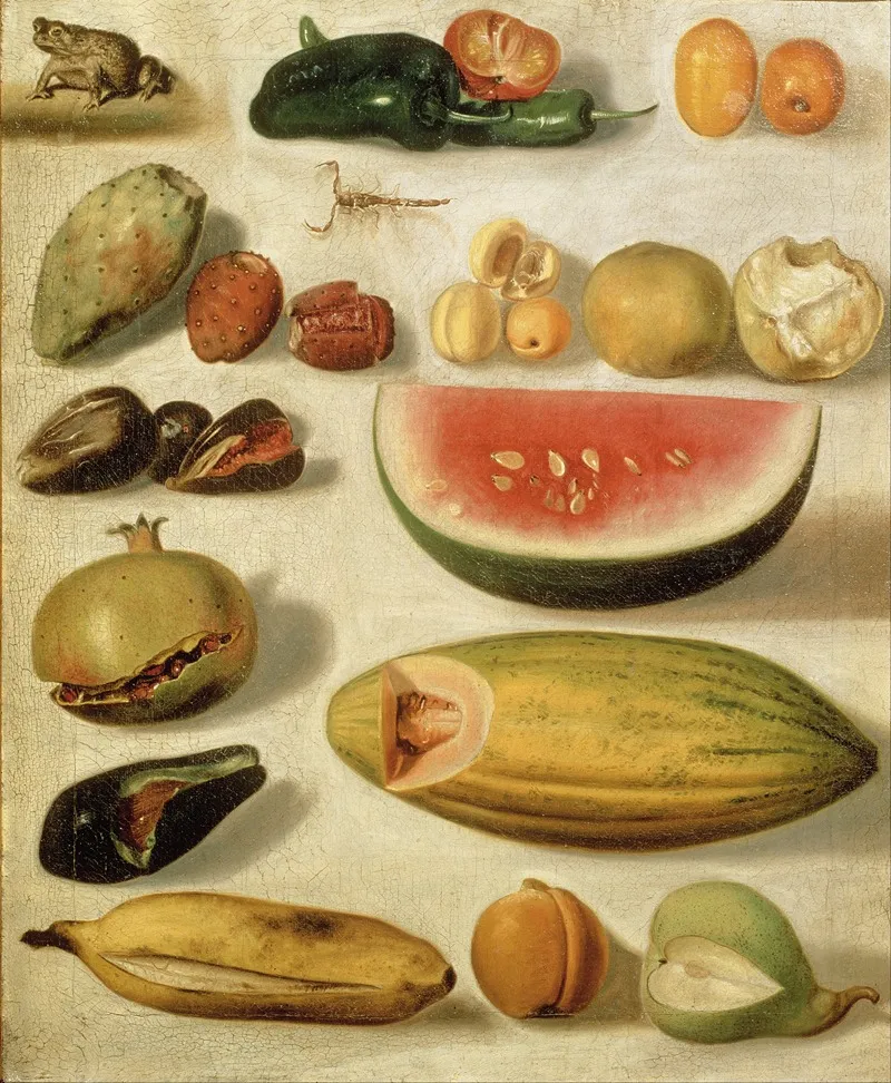 Still Life With Fruit With Scorpion And Frog Wall Art by Hermenegildo Bustos - High-Resolution Digital Print
