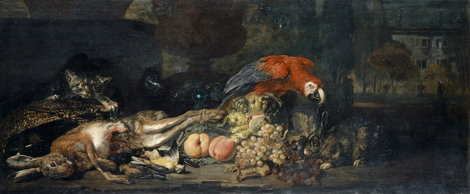 Still Life With Game And Fruits Parrot Rabbit And Cat Wall Art by David de Coninck - High-Resolution Digital Print