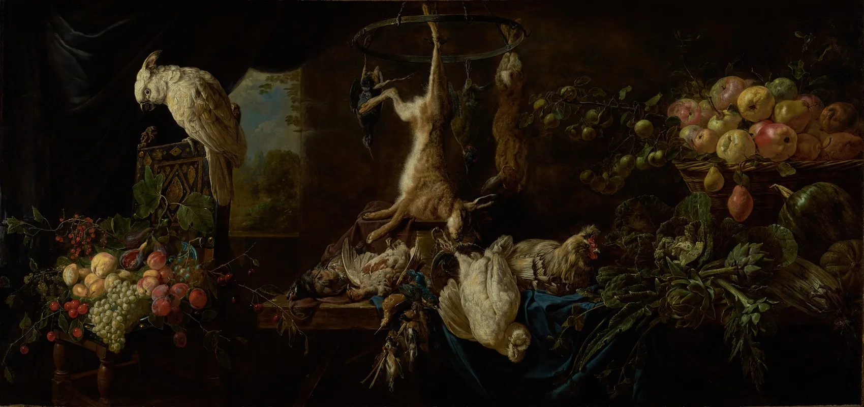 Still Life With Game Vegetables Fruit And A Cockatoo Wall Art by Adriaen van Utrecht - High-Resolution Digital Print