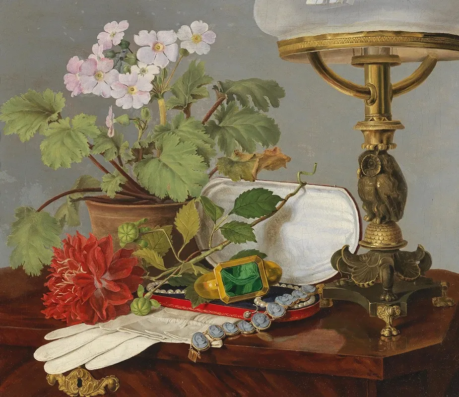 Still Life With Geraniums Dahlias Glace Gloves And Jewels
