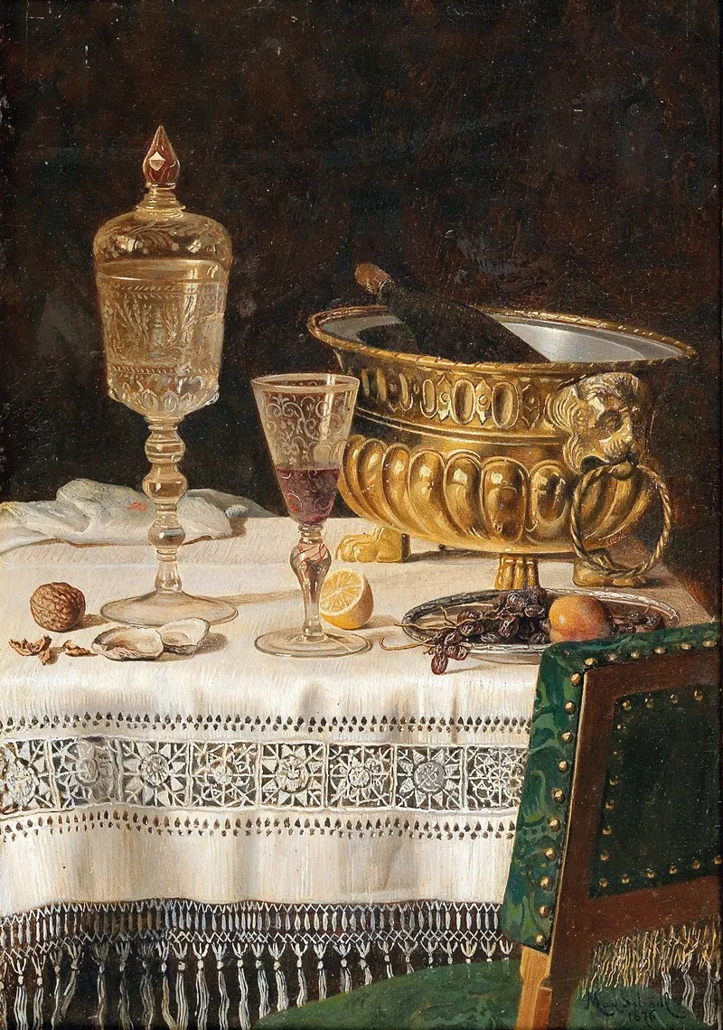 Still Life With Glass Cup And Champagne Cooler Wall Art by Max Schödl - High-Resolution Digital Print