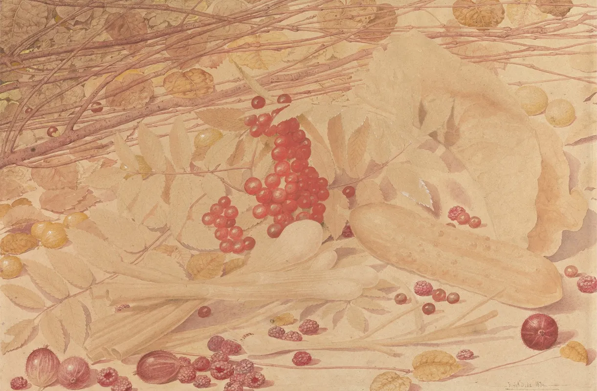 Still Life With Gooseberries Raspberries Red Currants Spring Onions A Gherkin And Foliage