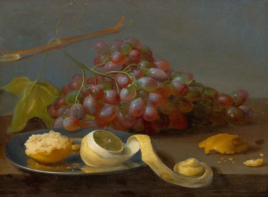 Still Life With Grapes A Lemon And Bread On A Table Wall Art by Jacob Van Es - High-Resolution Digital Print