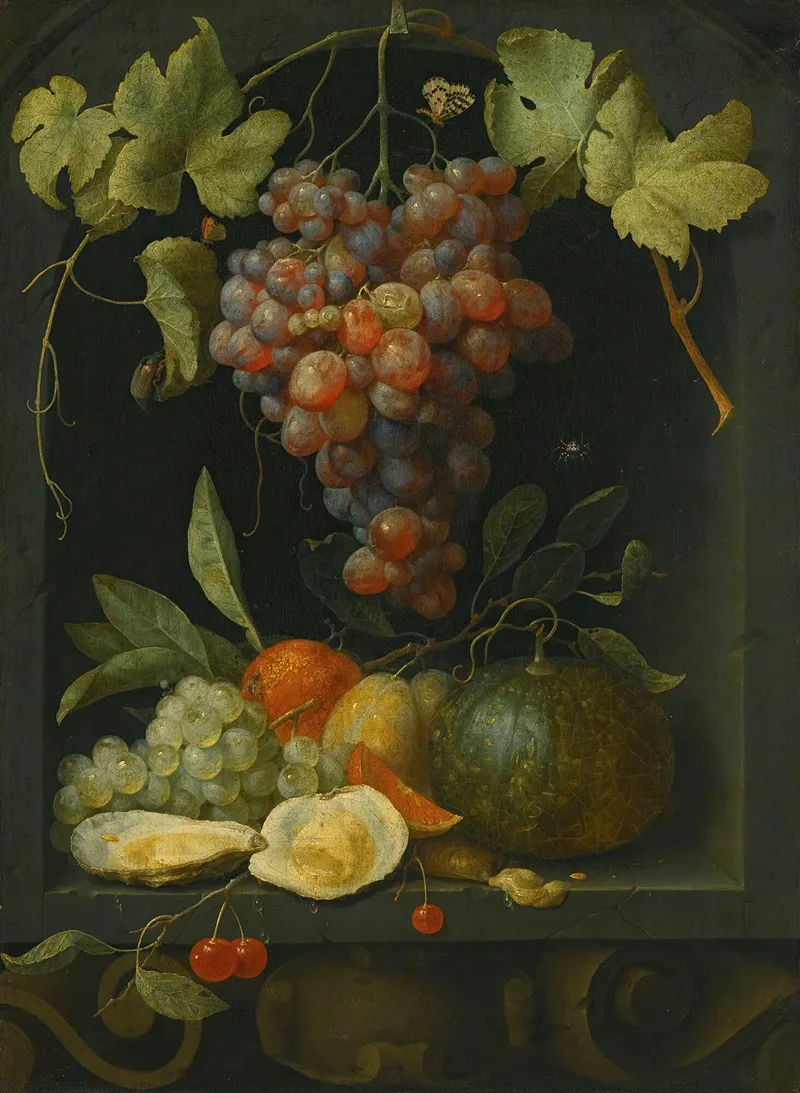Still Life With Grapes A Melon An Orange Plums And Oysters In A Stone Niche Wall Art by Joris van Son - High-Resolution Digital Print