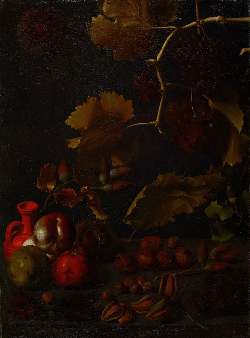 Still Life With Grapes Apples Chestnuts Almonds Acorns And A Red Clay Bottle Wall Art by Juan Fernández el Labrador - High-Resolution Digital Print