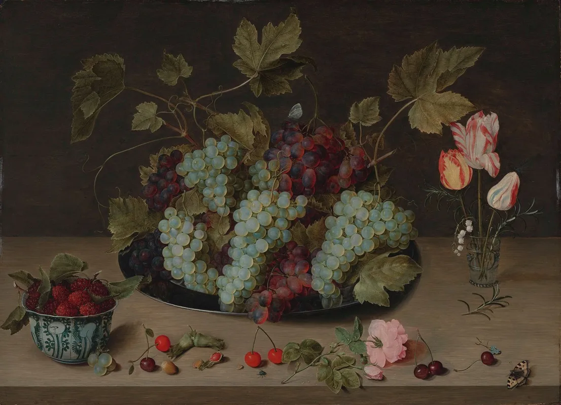 Still Life With Grapes Flowers And Berries In A Wanli Bowl Wall Art by Isaak Soreau - High-Resolution Digital Print