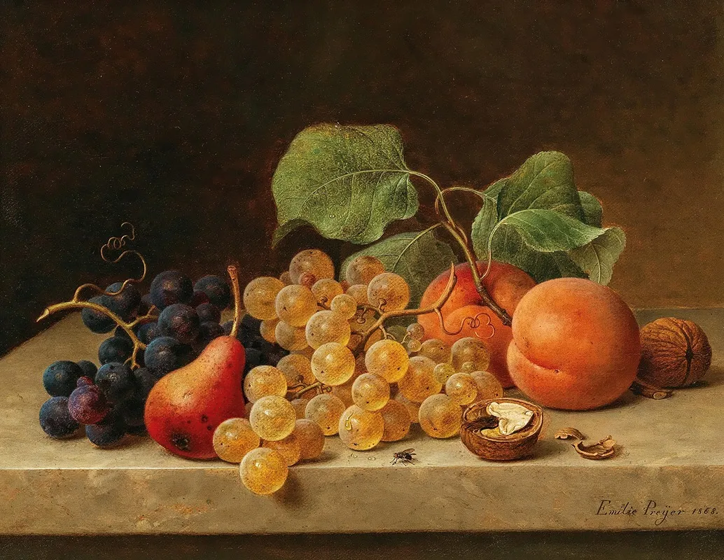 Still Life With Grapes Peaches A Pear And Nuts Wall Art by Emilie Preyer - High-Resolution Digital Print
